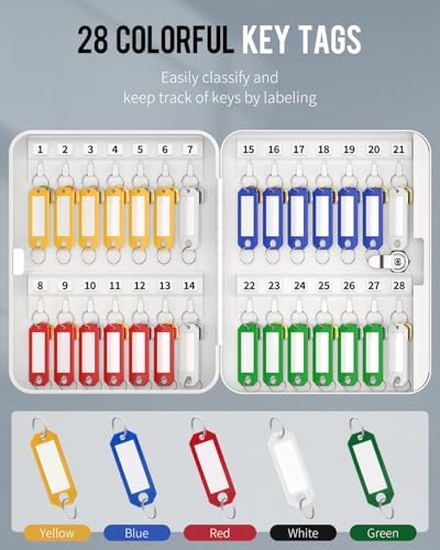 Uniclife 28 Position Key Cabinet with Key Lock Wall Mounted White Security Storage Box Steel Key Organizer with Colorful Key Tag Labels Stickers and Hooks - Image 6