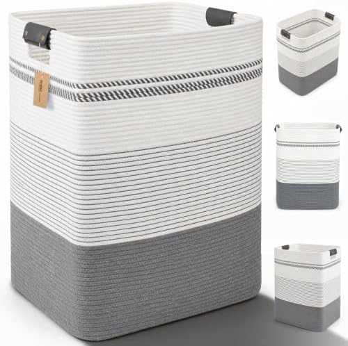 Laundry Hamper, Cotton Rope Laundry Basket with Leather Handles, 25.1-Gallon/95 L Large Clothes Hampers for Laundry, Woven Laundry Baskets for Blankets, Clothing, Bedroom, Living Room, Nursery by ARATECHOME