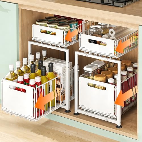 Under Sink Organizer, 2-Tier Multi-Use Kitchen and Bathroom Organizers and Storage, Slide Out Thickened Metal Under The Sink Organizer for Kitchen Bathroom Pantry (Style A White, 2 Pack) by Unknown