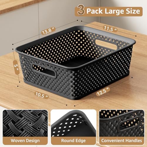 MaxGear 3 Pack Plastic Storage Baskets, Large, Black - Image 3