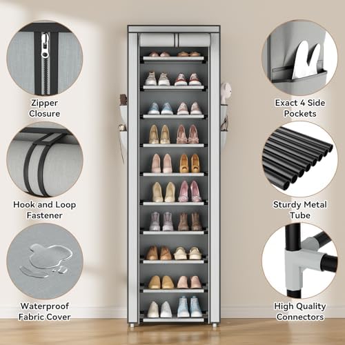 ROJASOP Shoe Rack with Covers 10 Tier Large Shoe Organizer Tall Shoe Closet Storage for 20-22 Pairs Shoe and Boot, Free Standing Shoe Rack Organizer for Closet, Entryway, Bedroom, Grey - Image 4