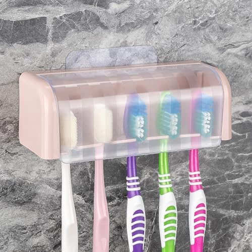 5 Slots Wall Mount Toothbrush Holder with Cover, Self Adhesive Toothbrush Storage Organizer for Shower, Toothbrush Hanger for Bathroom, Medicine Cabinet, Dorm (Pink) by LUEXBOX