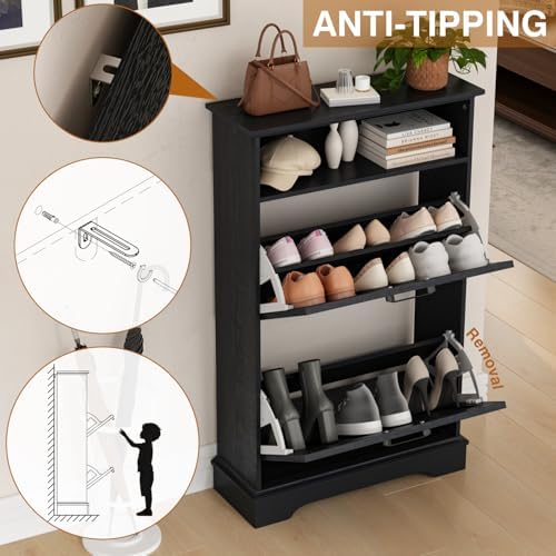 24" W Hidden Shoe Storage Cabinet with 2 Flip Drawers & Open Storage - Image 5