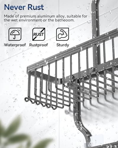 YASONIC Never Rust Shower Caddy Hanging, Aluminum Shower Racks for Inside Shower, 3-Tier Shower Organizer Hanging Over Shower Head with Hooks and Soap Holder, Grey - Image 3