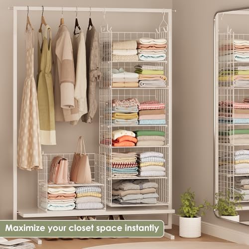 X-cosrack 8-Tier Closet Hanging Organizer Shelf - Hanging Clothes Organizer Shelves, Metal & Foldable Hanging Closet Organizer Baskets with Adjustable Dividers for Clothing Sweaters Shoes Handbags - Image 6
