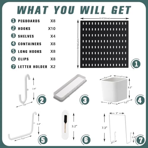 MULSAME Pegboard Combination Kit, 25.2" x 50.4" Wall Mounted Storage Set with 8 Pegboards & 40 Accessories Hanging, Peg Boards Organizer - Image 4