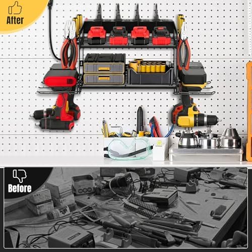 Power Tool Organizer Wall Mount, 2 Layers Heavy Duty 4 Cordless Drill Holder Tool Storage Rack with 8 Power Strip Battery Charging Station,Pliers Screwdrivers Organizer for Garage, Workshop,Tool Room - Image 6