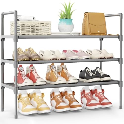 Kitsure Shoe Rack for Closet, Shoe Organizer, 27.6" Wide - 3 Tier, Grey | Shoe Storage for Closet, Entryway, Easy- Assembly& Space-Saving Shoe Shelf with Side Handle, Closet Organizer by Kitsure