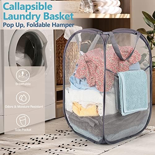 Deluxe Strong Mesh Pop up Laundry Hamper Basket with Side Pocket for Laundry Room, Bathroom, Kids Room, College Dorm or Travel Grey - Image 5