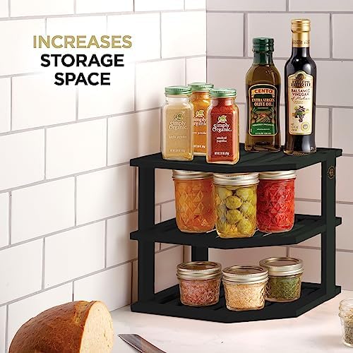 Black Plate Organizer for Cabinet - 3 Tier Bamboo Corner Cabinet Organizer Shelf for Plates Bowls Mugs Cups, Kitchen Cabinet Organizer, Cabinet Shelf Organizer, Countertop Rack, 10 x 10 x 9.5 Inch - Image 5