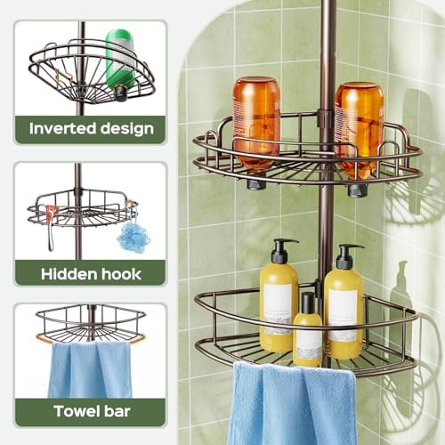 HAMITOR Corner Bathroom Organizer, 4-Tier Tension Pole Shower Caddy, Bronze - Image 5
