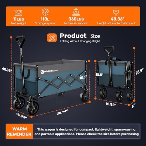 Originsure 110L Portable Foldable Wagon Cart, 360lbs Heavy Duty, Grey&Blue - Image 2