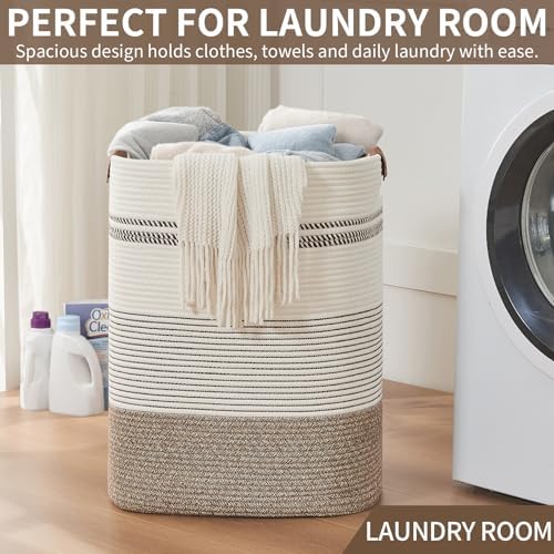 AINUOQI Laundry Hamper - Tall Woven Rope Laundry Basket - Clothes hamper with Leather Handles, 17" X 13.8" X 22", Blanket Storage Basket for Living Room, Rice Brown & White - Image 5
