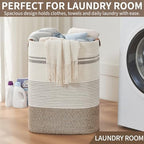 AINUOQI Laundry Hamper - Tall Woven Rope Laundry Basket - Clothes hamper with Leather Handles, 17" X 13.8" X 22", Blanket Storage Basket for Living Room, Rice Brown & White - Image 5