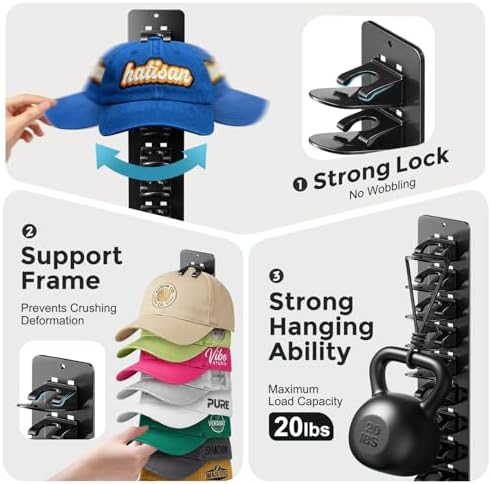 2 Pack Hat Organizer for Baseball Caps, Detachable DIY Hat Rack for Wall Hat Holder Hold up to 22 Hats, Baseball Cap Organizer Cap Holder Hat Hangers for Wall Closet Door Bedroom (C-Black) - Image 6