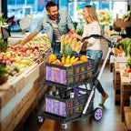 8-in-1 200LBS Collapsible Shopping Cart, Multi Functional Utility Cart with 2 Storage Baskets,Adjustable Handle Grocery Cart on Wheels for Shopping, Warehouse, Home, Supermarket - Purple - Image 2
