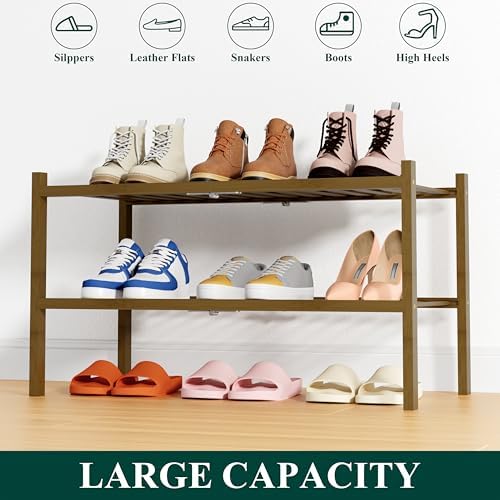 Smiry Bamboo Shoe Rack, 14 Vertical Slats, 2 Tier - 26.8" Wide, Walnut - Image 6