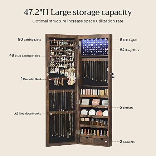SONGMICS 6 LEDs Mirror Jewelry Cabinet, 47.2-Inch Tall, Lockable - Image 5