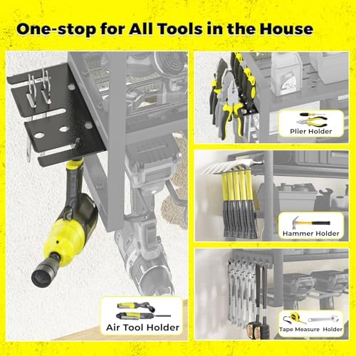 KAFAHOM Power Tool Organizer with Charging Station.Garage 8 Drill Holder Built in 8 Outlets Power Strip,Tool Storage Shelf Wall Mount,Tool Battery Organizer with Screwdriver/Hammer/Air Tool Rack - Image 3