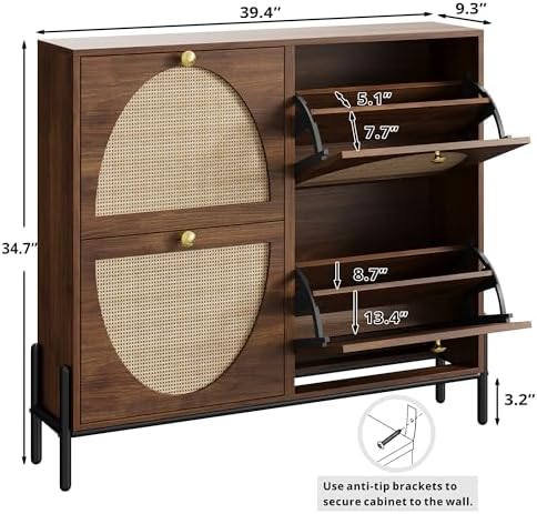 IRONCK Rattan Shoe Cabinet Storage with 4 Flip Drawers, Walnut - Image 3