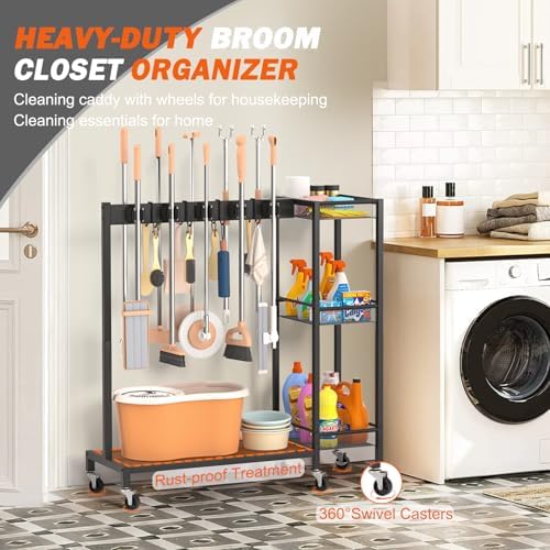 Broom Holder with Cleaning Supplies Organizer, Broom Closet Storage Cabinet with Cleaning Caddy, Cleaning Cart with Mop Hanger Gripper Rack Hooks,Janitorial Housekeeping cart,Laundry Room Organization - Image 6