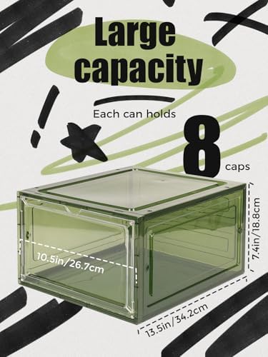 SCAVATA 6 Pack Hat Organizer Box, Stackable Clear Baseball Caps Holder Box Containers with Magnetic Door for Hats Snapback Cap Storag, Hat Rack Display Case, Holds 8 Hats Each (Green) - Image 2
