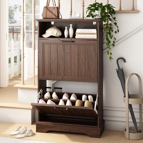 24" W Hidden Shoe Storage Cabinet with 2 Flip Drawers & Open Storage by WINWY