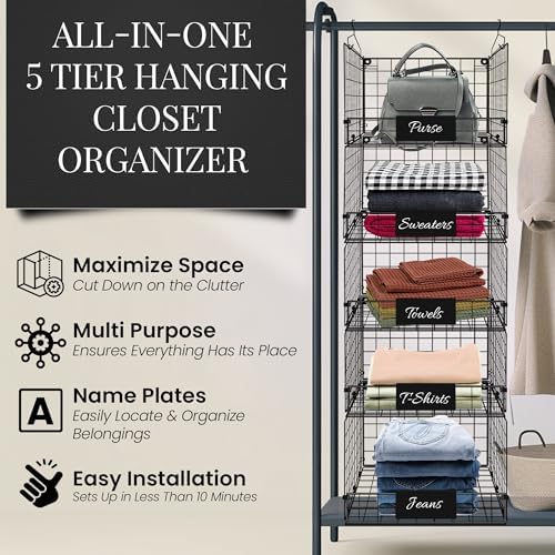 DECOLURE 5-Tier Adjustable Hanging Closet Organizer – Maximize Hanging Storage w/ 4 Hanging Hooks, 8 S Hooks & 5 Name Plates - Sturdy Foldable Wire Storage Hanging Shelves for Clothes, Towels (Black) - Image 4