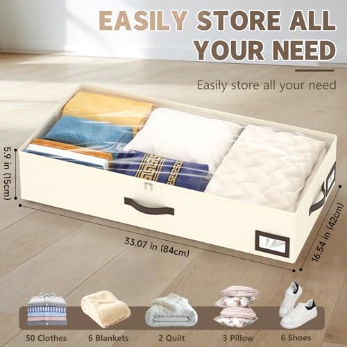 OIAHOMY 2 Pack Under Bed Storage with Handles, Underbed Container for Bedroom & Closet, Fits Beds Higher than 6", Under the Bed Storage for Seasonal Clothes, Blankets & Shoes - Beige - Image 3