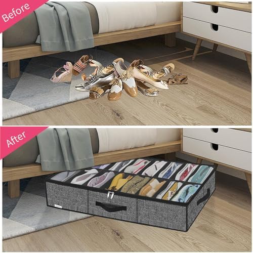 Onlyeasy Sturdy Under Bed Shoe Storage Organizer Fit 8 to 16 Pairs, Collapsible Closet Underbed Shoes Container Bags with Reinforced Handles, 37.7x23.6x5.9in, Linen-like Black, MXAUBS16P1 - Image 3