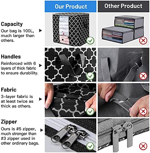 Storage Bags 6 Pack 100L Clothes Organization and Storage Containers | Large Blanket for Comforters,Bedding, Foldable Organizer with Reinforced Handle, Clear Window, Sturdy Zippers, Black - Image 5