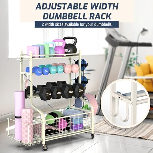 PLKOW Dumbbell Rack, Weight Rack for Dumbbells, Home Gym Storage for Dumbbells Kettlebells Yoga Mat and Balls, All in One Workout Storage with Wheels and Hooks, Powder Coated Finish Steel - Image 3