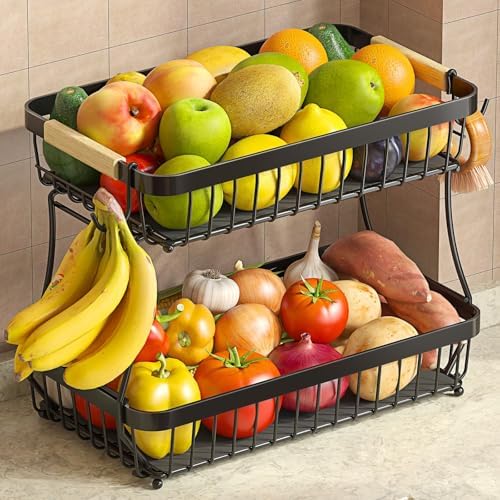 Sevenblue 2-Tier Fruit Basket with Banana Hangers, Detachable Metal Bowl by Sevenblue