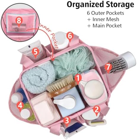 F-color Mesh Shower Caddy Portable - Stand Up 8 Pockets for Dorm, Pink - Image 4