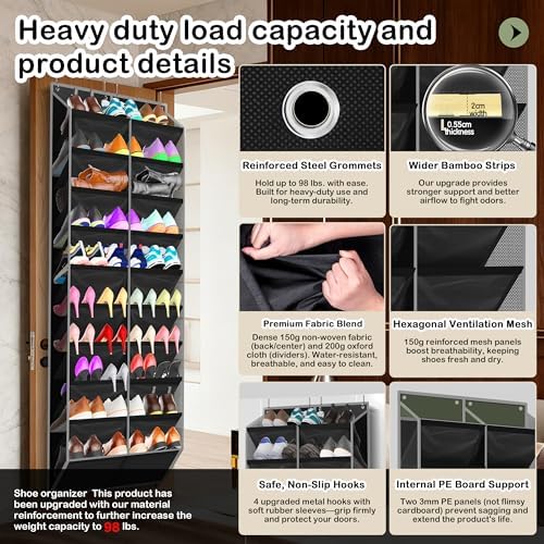 Kotkn 10-Tier Over the Door Shoe Organizer, 20 Pockets Holds 20-30 Pairs, Heavy-Duty Oxford Fabric with Hexagon Mesh for Boots & Sneakers-Black - Image 3