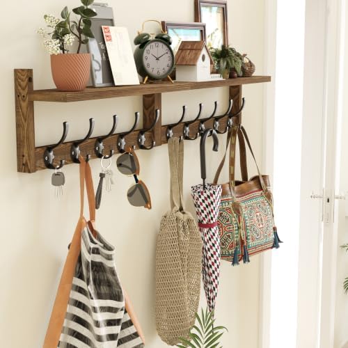 AMBIRD 34.2 inch Wooden Extra-Long Wall Hook Rack with Shelf - Versatile and Decorative Wall-Mounted Storage - 10 Hooks for Hanging Coats, Hats, Scarves - Ideal for Entryways, Bedrooms, Closets - Image 2