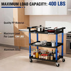 WORKPRO 3-Tier Service Utility Cart, 400LBS Plastic Rolling Cart with Handles & Lockable Wheels, Heavy Duty Storage Cart for Restaurant, Kitchen, Office, Garage, Warehouse - Image 3