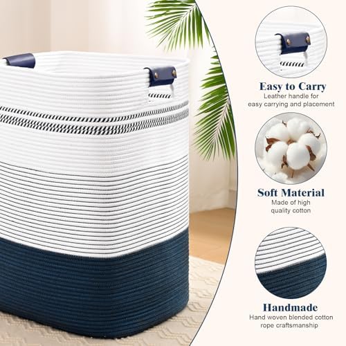 Laundry Hamper, 85L Tall Laundry Basket with Leather Handles, Rectangle Large Clothes Hamper for Organizing, Cotton Woven Laundry Baskets Storage Hampers for Bedroom, Nursery, Living Room - Image 6