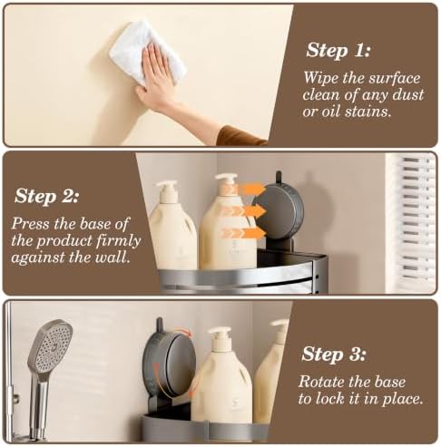 No-Drilling Corner Suction Cup Shower Caddy(1-Pack Gray),Rust-Proof and Durable Bathroom Organizer with Towel Bar & Hooks,Modern Large-Capacity Wall-Mounted Shower Shelf - Image 3