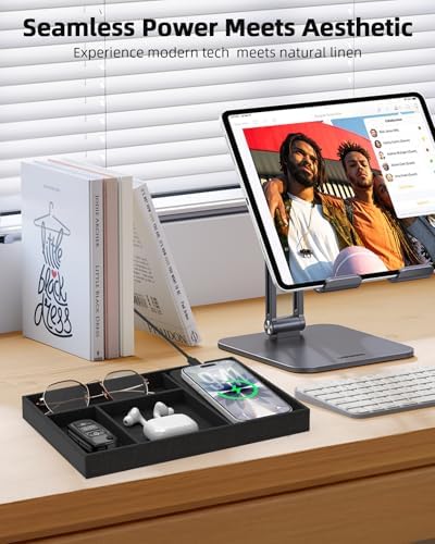 Valet Tray with Wireless Charger, Nightstand Organizer & Catchall Tray for Phone, Keys, Glasses and Accessories, Premium Linen, Stylish Desk & Bedside Storage Station, Black - Image 3