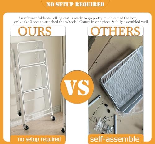 Foldable Storage Cart 3 Tier Rolling Cart with Wheels No Assemble Required Metal Utility Kitchen Cart Heavy Duty Folding Storage and Organizer for Classroom, Bedroom(White) - Image 4
