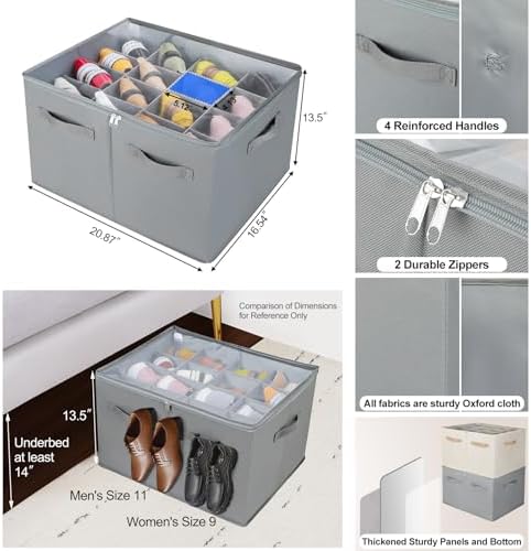 TOPIA HOME Shoe Organizer for Closet, Foldable Shoe Box with Adjustable Dividers and Clear Cover, Space Saving Shoe Storage Organizer Cabinet with Reinforced Handles, Fits 16 Pairs, Gray, TP09G - Image 3