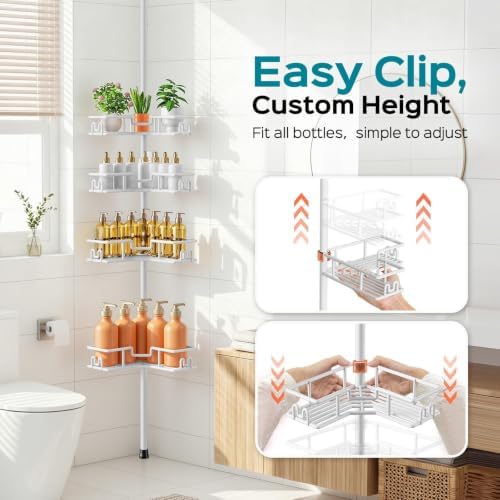 HAMITOR Corner Shower Organizer, 4-Tier Tension Pole Caddy with Hook, White - Image 6