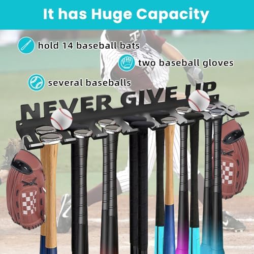 Baseball Bat Holder Wall Mount Softball Storage Hooks Metal Rack Hanger Fence on Wall Home and Field for Display Heavy Duty Steel Organizer Hanging Sports Equipment Holds 14 Bats Never Give UP - Image 6