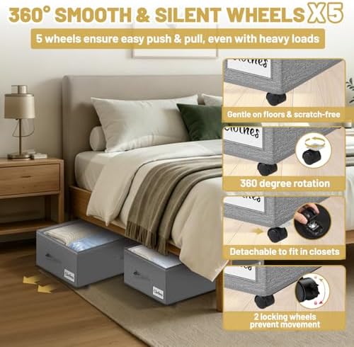 Under Bed Storage with Wheels, 2 Pack Underbed Storage Containers with Clear Lid & Label, XXL 75L Easy Assembly Rolling Under Bed Shoe Storage for Clothes, Shoes, Blankets, Gray(28.3 X 16.5 X 9.5 in) - Image 3