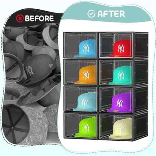 SCAVATA 6 Pack Hat Organizer Box, Stackable Clear Baseball Caps Holder Box Containers with Magnetic Door for Hats Snapback Cap Storag, Hat Rack Display Case, Holds 8 Hats Each (Black) - Image 5