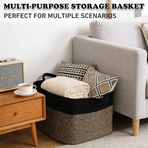 65L Laundry Basket with Handles, Woven Blanket Basket, Black/Jute - Image 6