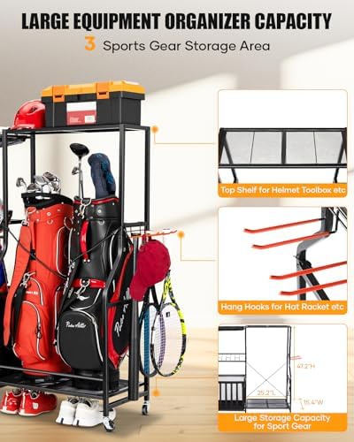 EXTCCT Garage Sports Equipment Organizer with Wheels, Golf Bag storage Rack - Image 6