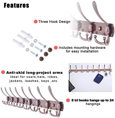 Dseap Coat Rack Wall Mount - 29.5” Long 8-Tri-Hooks Heavy Duty Coat Hanger Rail Wall Hooks for Hanging Coats Hats Clothing Clothes Purse Mudroom Entryway, Red Antique Copper - Image 7