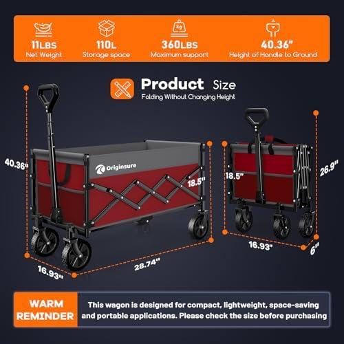 Originsure 110L Portable Foldable Wagon Cart, 360lbs Heavy Duty, Grey&Red - Image 2